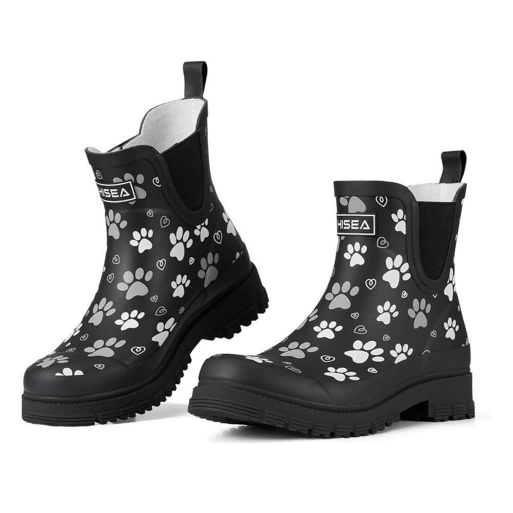 Norty Rain Boots Women 8 Black Paw Print Waterproof Chelsea Lug Sole 654 NWT - Picture 7 of 16
